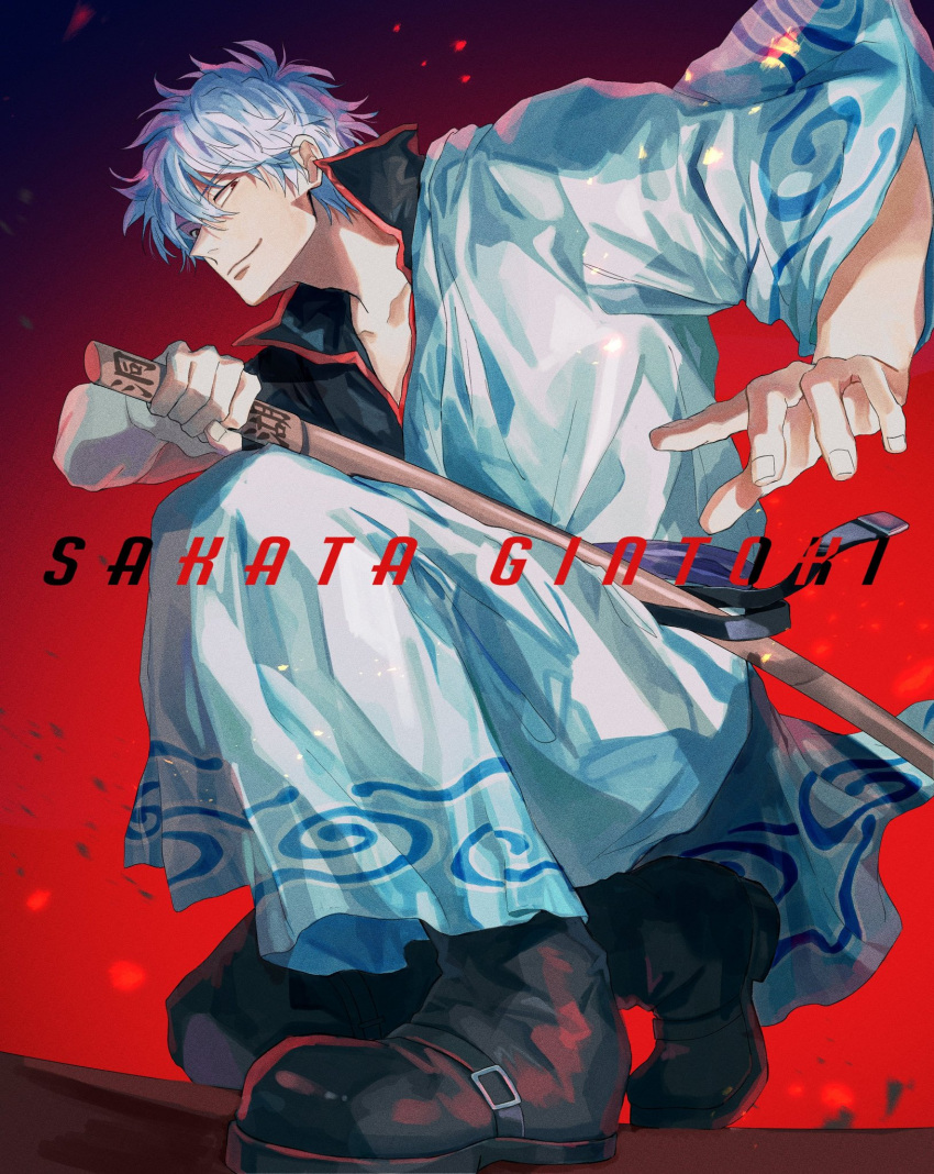 1boy drawing_sword from_below gintama highres holding holding_sword holding_weapon japanese_clothes male_focus merukoodo red_background sakata_gintoki short_hair smile solo sword weapon white_hair wide_sleeves wooden_sword