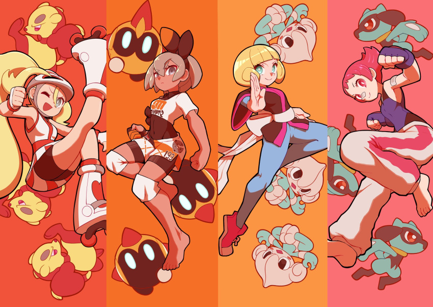 4girls ;d bandaid bandaid_on_arm bandaid_on_nose bangs barefoot bea_(pokemon) bear_ringer bicycle_helmet bike_shorts blonde_hair bodysuit bodysuit_under_clothes bow_hairband breasts bright_pupils clenched_hand collared_shirt commentary_request eyelashes falinks fingerless_gloves gloves greta_(pokemon) grey_eyes grey_hair hair_between_eyes hairband helmet high_ponytail highres knee_pads korrina_(pokemon) leg_up long_hair maylene_(pokemon) meditite mienfoo multiple_girls one_eye_closed open_mouth partially_fingerless_gloves pink_eyes pink_hair pokemon pokemon_(creature) pokemon_(game) pokemon_dppt pokemon_emerald pokemon_rse pokemon_swsh pokemon_xy print_shirt print_shorts riolu roller_skates shirt short_hair short_sleeves shorts side_slit side_slit_shorts skates smile two_side_up white_pupils