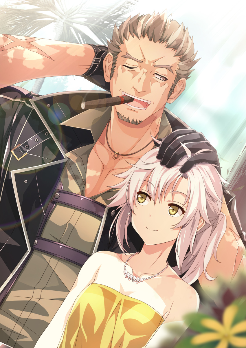 absurdres black_jacket cigar collar dress eiyuu_densetsu father_and_daughter fie_claussell flat_chest gloves green_eyes grey_eyes hand_on_another's_head highres jacket jewelry kurai0127 light_brown_hair muscular muscular_male necklace pearl_necklace ponytail rutger_claussell scar scar_on_arm sen_no_kiseki sen_no_kiseki_iii sen_no_kiseki_iv smile smoking white_hair yellow_dress
