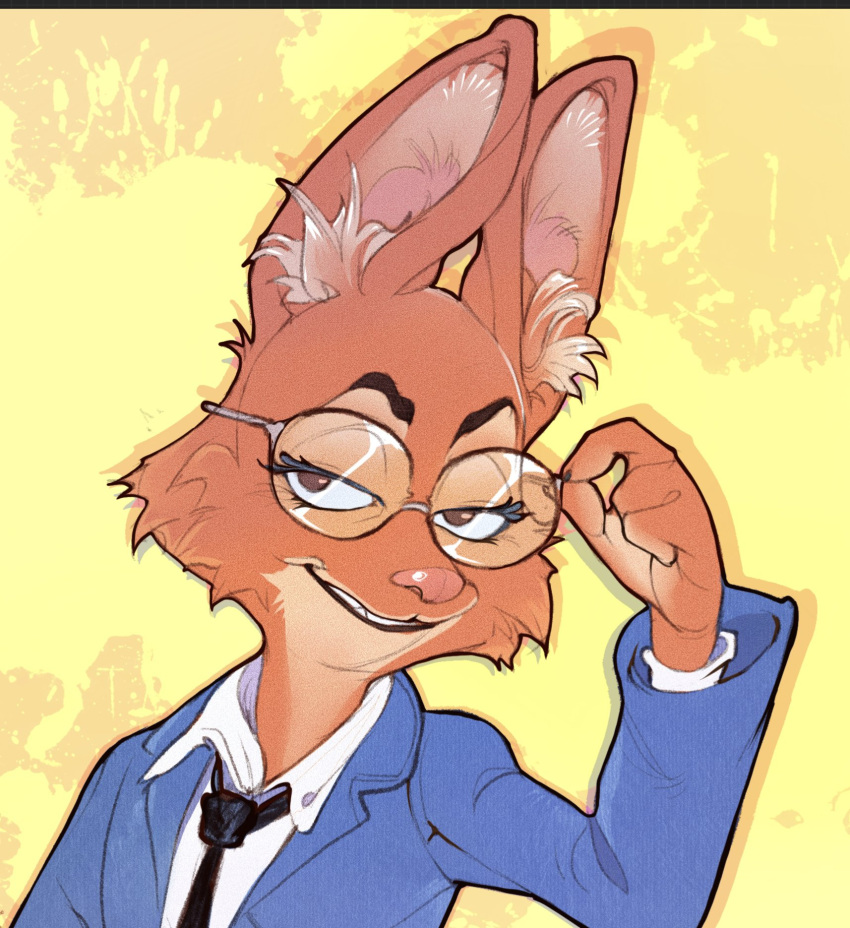 2021 adjusting_glasses anthro business_suit canid canine clothing diane_foxington dreamworks eyewear female fox glasses hi_res mammal smirkyfangz solo suit teeth the_bad_guys zoom_in