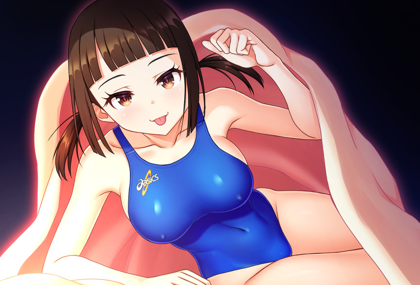 1girl asics bangs blanket blue_swimsuit blunt_bangs breasts brown_eyes brown_hair commentary_request competition_swimsuit covered_navel covered_nipples kuri_(kurigohan) large_breasts long_hair lying on_side one-piece_swimsuit original pov solo swimsuit tongue tongue_out under_covers