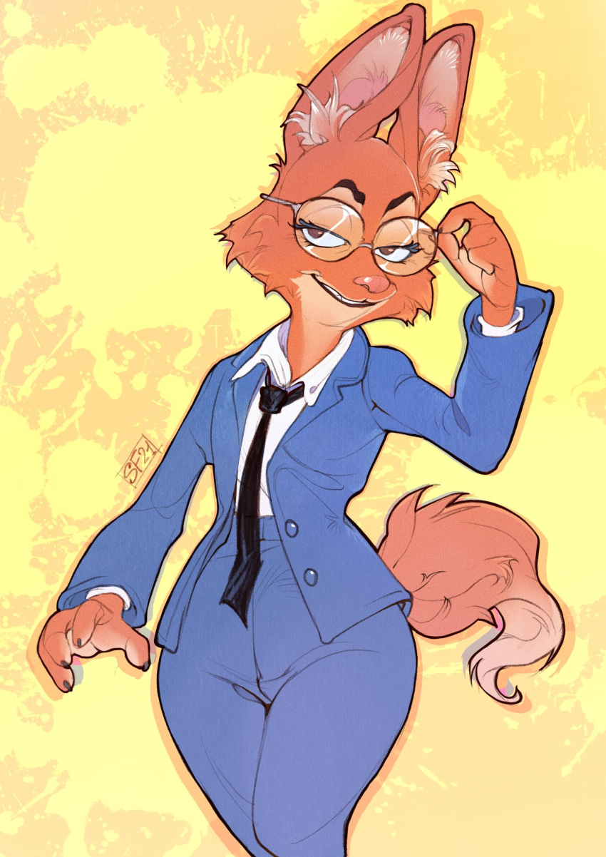 2021 adjusting_glasses anthro business_suit canid canine clothing diane_foxington dreamworks eyewear female fox glasses hi_res mammal smirkyfangz solo suit teeth the_bad_guys