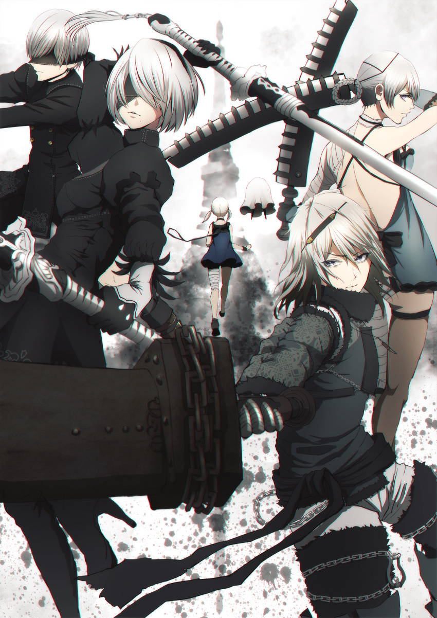 absurdres bandaged_arm bandaged_leg bandages blindfold breasts closed_mouth dress fio_(nier) gloves highres kaine_(nier) long_hair looking_at_viewer mama_(nier) medium_hair multiple_boys multiple_girls nier nier_(series) nier_(young) nier_automata nier_reincarnation short_hair silver_hair sword weapon white_hair yorha_no._2_type_b yorha_no._9_type_s zerusu_(gelus)