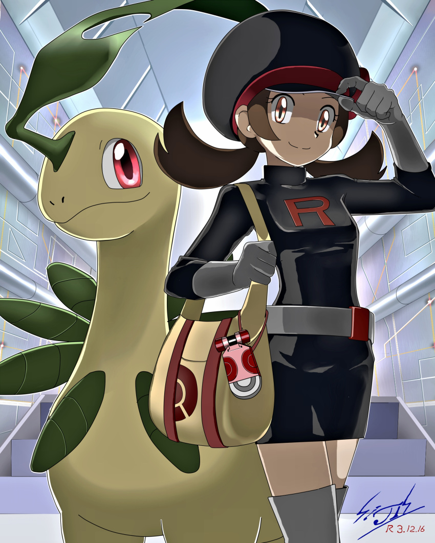 1girl absurdres bag bayleef belt black_headwear boots brown_eyes brown_hair cabbie_hat closed_mouth dated eyelashes gloves grey_belt grey_footwear hand_on_headwear hand_up handbag hat highres holding_strap indoors long_hair lyra_(pokemon) pokegear pokemon pokemon_(creature) pokemon_(game) pokemon_hgss shiijisu signature smile split_mouth team_rocket team_rocket_uniform thigh_boots thighhighs twintails white_gloves yellow_bag