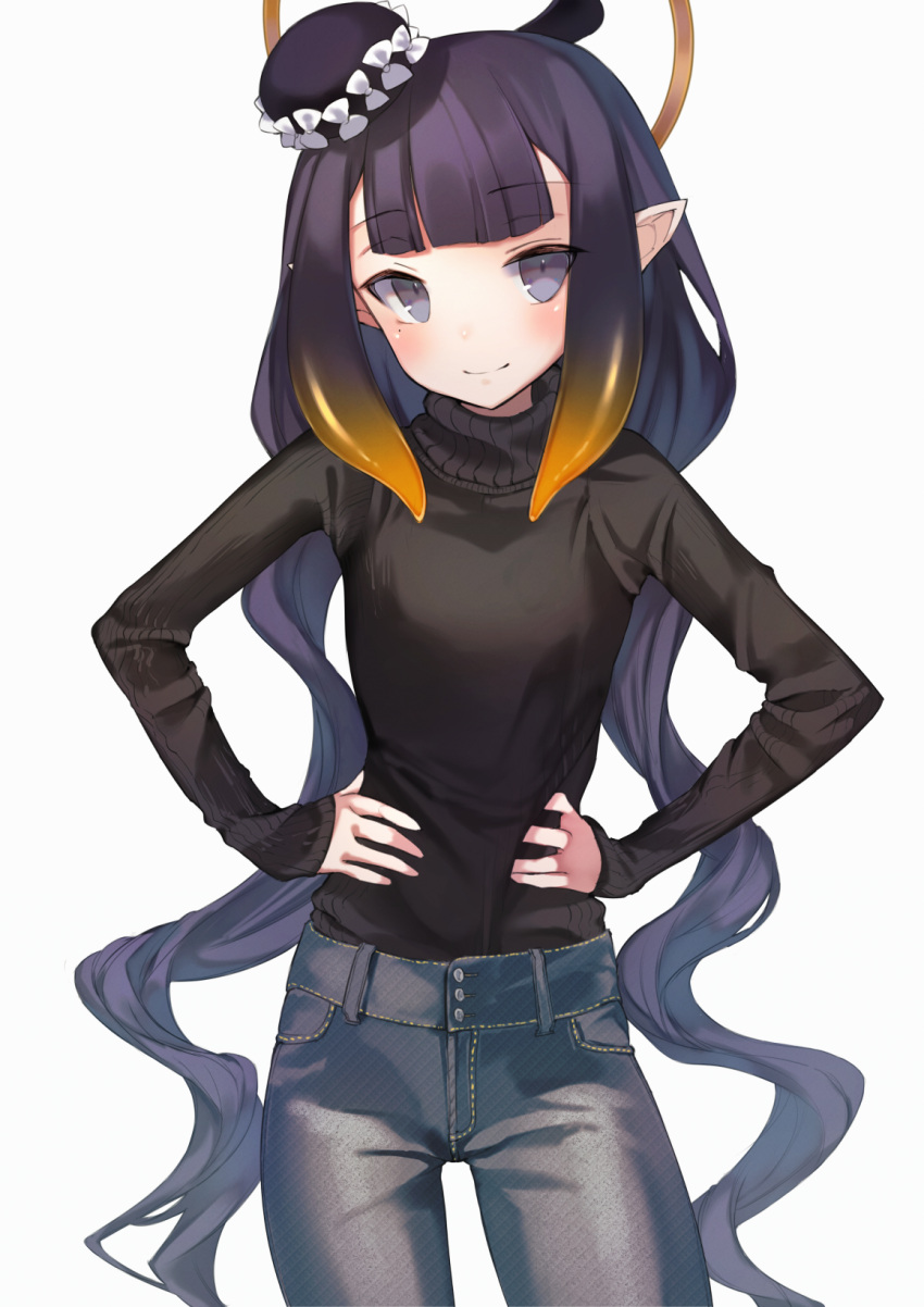 1girl alternate_costume bangs black_hair black_sweater blunt_bangs commentary cowboy_shot curly_hair denim eyebrows_visible_through_hair halo hands_on_hips hat highres hololive hololive_english jeans long_hair looking_at_viewer mole mole_under_eye nerutora ninomae_ina'nis pants pointy_ears purple_eyes simple_background sleeves_past_wrists smile solo sweater tilted_headwear turtleneck turtleneck_sweater very_long_hair virtual_youtuber white_background