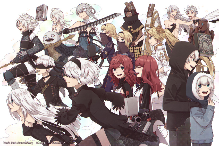 absurdres highres kaine_(nier) long_hair multiple_boys multiple_girls nier nier_(series) nier_automata open_mouth simple_background smile tamakingx422x white_background yorha_no._2_type_b yorha_no._9_type_s yorha_type_a_no._2