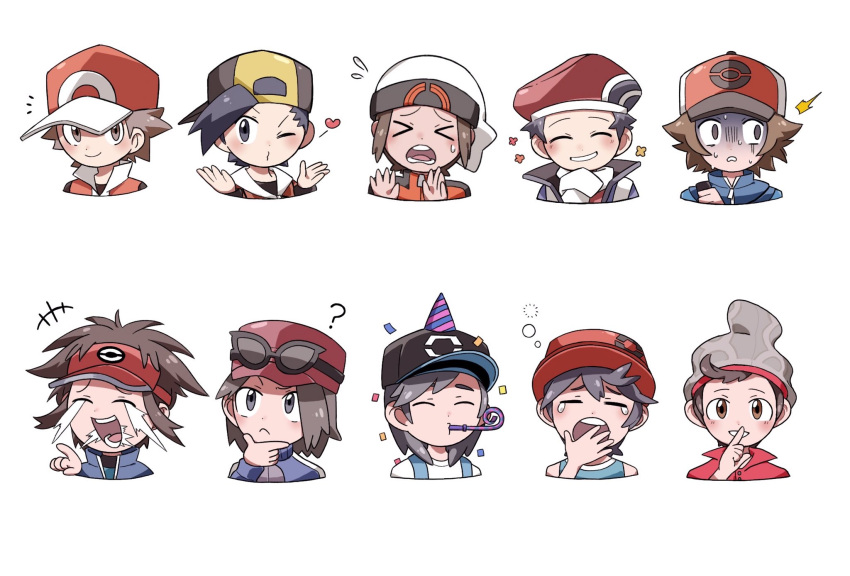 &gt;_&lt; +++ 6+boys ? bangs baseball_cap beanie blue_jacket blush brendan_(pokemon) brown_eyes brown_hair bubble calem_(pokemon) chin_stroking closed_mouth commentary_request confetti elio_(pokemon) ethan_(pokemon) flying_teardrops grey_headwear gu_1156 hat heart highres hilbert_(pokemon) index_finger_raised jacket laughing long_sleeves lucas_(pokemon) multiple_boys nate_(pokemon) notice_lines one_eye_closed open_mouth party_hat pokemon pokemon_(game) pokemon_bw pokemon_bw2 pokemon_dppt pokemon_frlg pokemon_hgss pokemon_oras pokemon_platinum pokemon_sm pokemon_swsh pokemon_usum pokemon_xy red_(pokemon) red_headwear scarf shirt short_hair sleeveless sleeveless_shirt spiked_hair tearing_up teeth tongue victor_(pokemon) visor_cap white_headwear white_scarf yawning zipper_pull_tab