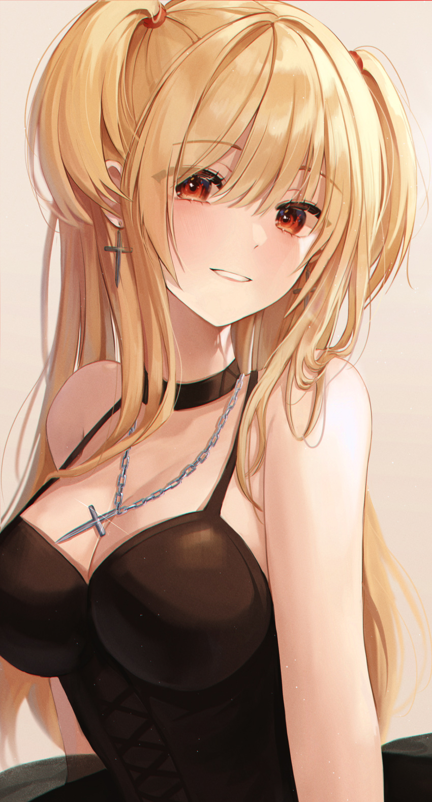 1girl absurdres amane_misa bangs bare_shoulders black_choker black_dress blonde_hair blush breasts choker cleavage collarbone cross cross_earrings cross_necklace death_note dress earrings eyebrows_visible_through_hair highres jewelry large_breasts long_hair looking_at_viewer myowa necklace parted_lips red_eyes sleeveless sleeveless_dress smile solo two_side_up upper_body very_long_hair