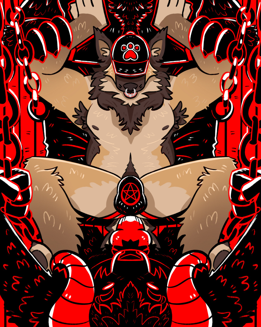 absurd_res anthro canid canine canis demon domestic_dog german_shepherd group group_sex herding_dog hi_res male male/male mammal pastoral_dog saberpaws satan sex sling solo submissive submissive_male