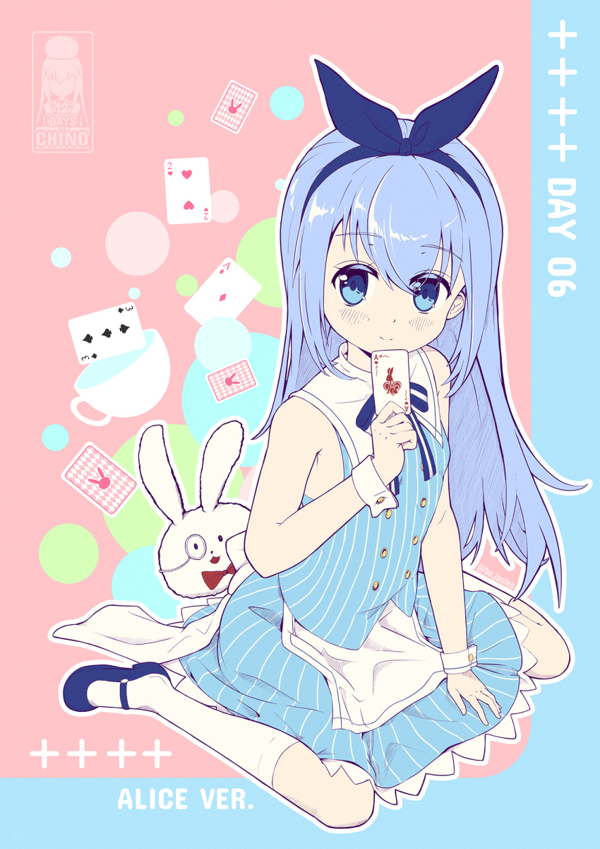 1girl alice_(alice_in_wonderland) alice_(alice_in_wonderland)_(cosplay) alice_in_wonderland blue_bow blue_eyes blue_footwear blue_hair blue_hairband blue_ribbon blue_skirt blue_vest bow bow_hairband bunny card character_name closed_mouth cosplay gochuumon_wa_usagi_desu_ka? hair_bow hairband highres holding holding_card kafuu_chino kneehighs long_hair mary_janes miniskirt neck_ribbon nozo.me ribbon shiny shiny_hair shirt shoes skirt sleeveless sleeveless_shirt smile solo straight_hair striped striped_ribbon striped_shirt striped_skirt vertical-striped_shirt vertical-striped_skirt vertical_stripes vest white_legwear