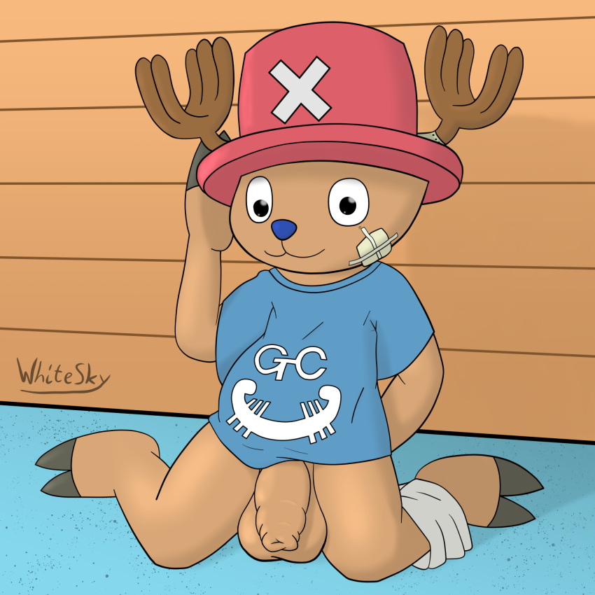 antlers balls bottomwear capreoline casual_nudity cervid clothing foreskin genitals hat headgear headwear hi_res horn humanoid male mammal nude one_piece pants penis reindeer shirt sitting solo tony_tony_chopper topwear whitesky