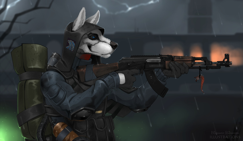 akm anthro armor assault_rifle black_body black_fur black_nose blue_clothing blue_eyes blue_jacket blue_topwear body_armor canid canine canis clothing detailed_background emblem fur gloves gun handwear hood jacket khatmedic lightning male mammal mercenary post-apocalyptic raining ranged_weapon rifle s.t.a.l.k.e.r. solo topwear video_games weapon white_body white_ears white_fur wolf