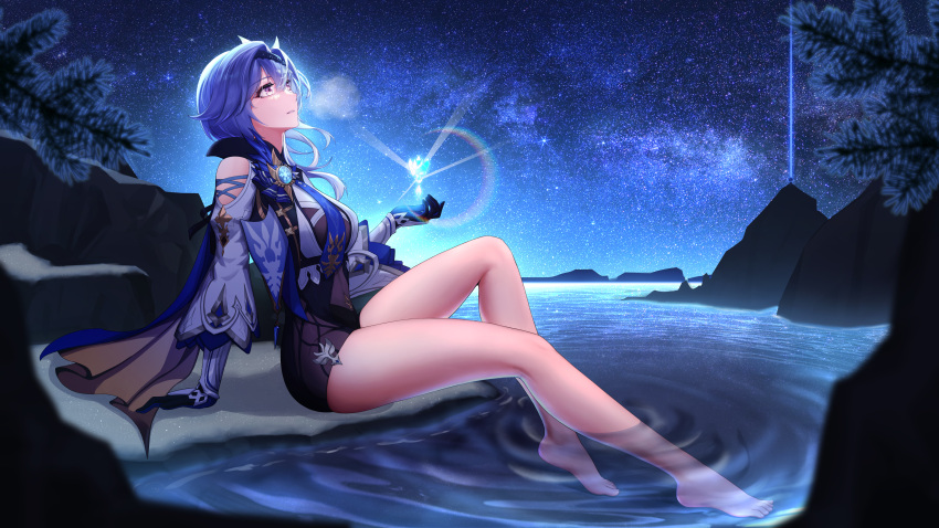 1girl 958951653 absurdres arm_support bare_legs bare_shoulders barefoot black_gloves black_leotard blue_cape blue_hair blue_necktie blue_theme blurry branch breasts breath brooch cape clothing_cutout crystal depth_of_field eula_(genshin_impact) from_side full_body genshin_impact gloves glowing hair_intakes hairband highres jewelry knee_up lake layered_sleeves leaning_back leotard long_hair long_sleeves looking_away looking_up mountainous_horizon nature necktie night night_sky outstretched_hand parted_lips purple_eyes ripples rock shoulder_cutout sky soaking_feet solo sparkle star_(sky) stargazing starry_sky two-sided_cape two-sided_fabric