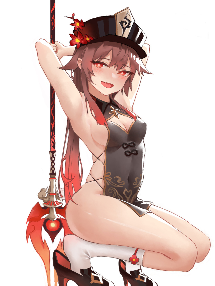 1girl absurdres armpits arms_up bare_arms black_footwear blush breasts brown_hair china_dress chinese_clothes cleavage dress fang flower from_behind full_body genshin_impact half-closed_eyes hat heel_pop highres holding holding_weapon hu_tao_(genshin_impact) looking_at_viewer open_mouth plum_blossoms polearm red_eyes shen_fan shoes sideboob sideless_outfit simple_background skindentation small_breasts smile socks squatting staff_of_homa_(genshin_impact) symbol-shaped_pupils thighs top_hat twintails weapon white_background