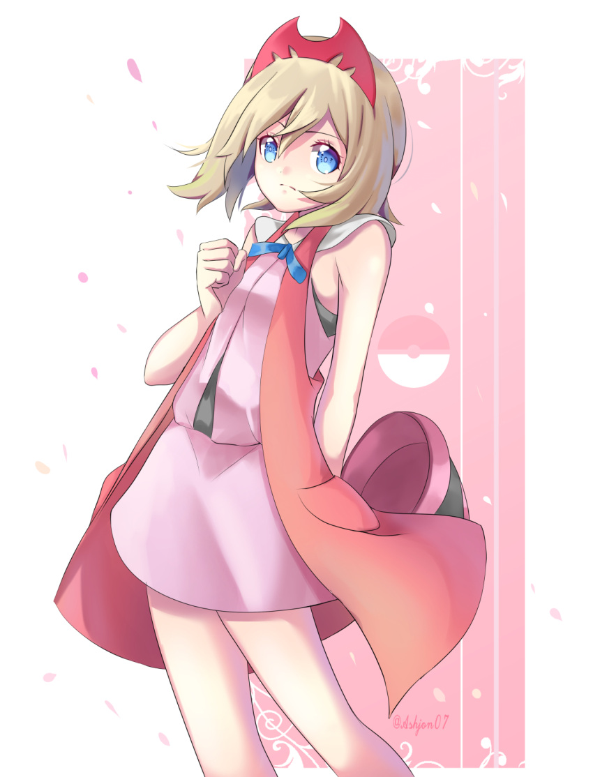 1girl ashujou bangs bare_arms blonde_hair blue_eyes blue_ribbon clenched_hand closed_mouth commentary_request cosplay dress eyelashes frown hair_between_eyes hand_up hat highres irida_(pokemon) leaning medium_hair neck_ribbon pink_dress poke_ball_symbol pokemon pokemon_(anime) pokemon_(game) pokemon_legends:_arceus pokemon_xy_(anime) red_headwear ribbon serena_(pokemon) serena_(pokemon)_(cosplay) sleeveless solo split_mouth