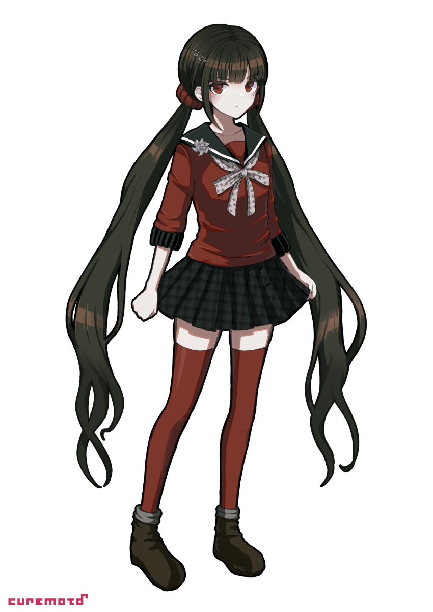 1girl absurdres artist_name bangs black_sailor_collar black_skirt blunt_bangs bow bowtie brown_footwear brown_hair clenched_hands closed_mouth collarbone commentary_request danganronpa_(series) danganronpa_v3:_killing_harmony eyebrows_visible_through_hair grey_bow grey_bowtie hair_ornament hairclip harukawa_maki highres kyua_moto long_hair long_sleeves looking_at_viewer low_twintails mole mole_under_eye plaid plaid_skirt pleated_skirt polka_dot polka_dot_bow red_eyes red_legwear red_scrunchie red_shirt sailor_collar school_uniform scrunchie shirt shoes simple_background skirt thighhighs twintails white_background