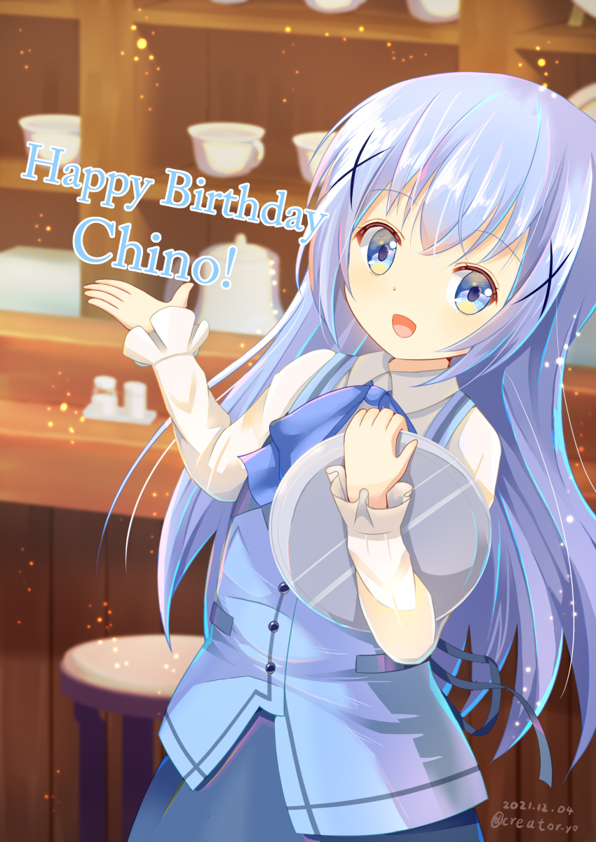 1girl 2021 :d absurdres bangs blue_bow blue_bowtie blue_eyes blue_hair blue_skirt blue_vest blurry blurry_background bow bowtie cafe character_name collared_shirt creator_yo dated eyebrows_visible_through_hair gochuumon_wa_usagi_desu_ka? hair_ornament happy_birthday highres holding holding_plate indoors kafuu_chino long_hair long_sleeves plate rabbit_house_uniform shiny shiny_hair shirt skirt smile solo standing straight_hair twitter_username very_long_hair vest white_shirt wing_collar x_hair_ornament