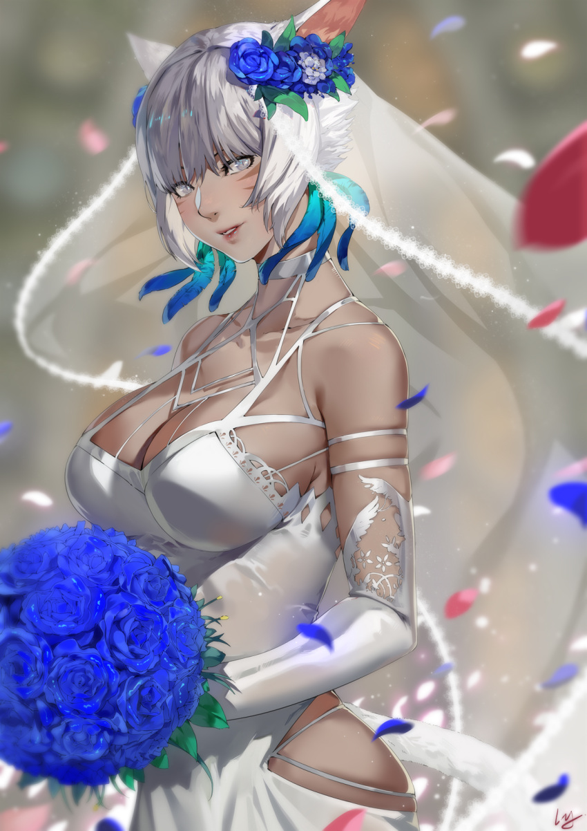 1girl animal_ears blurry blurry_background blurry_foreground bouquet breasts cleavage club3 dark_skin depth_of_field dress elbow_gloves facial_mark final_fantasy final_fantasy_xiv flower gloves grey_eyes hair_flower hair_ornament highres large_breasts lips miqo'te parted_lips petals short_hair silver_hair skindentation smile solo tail white_dress white_gloves y'shtola_rhul