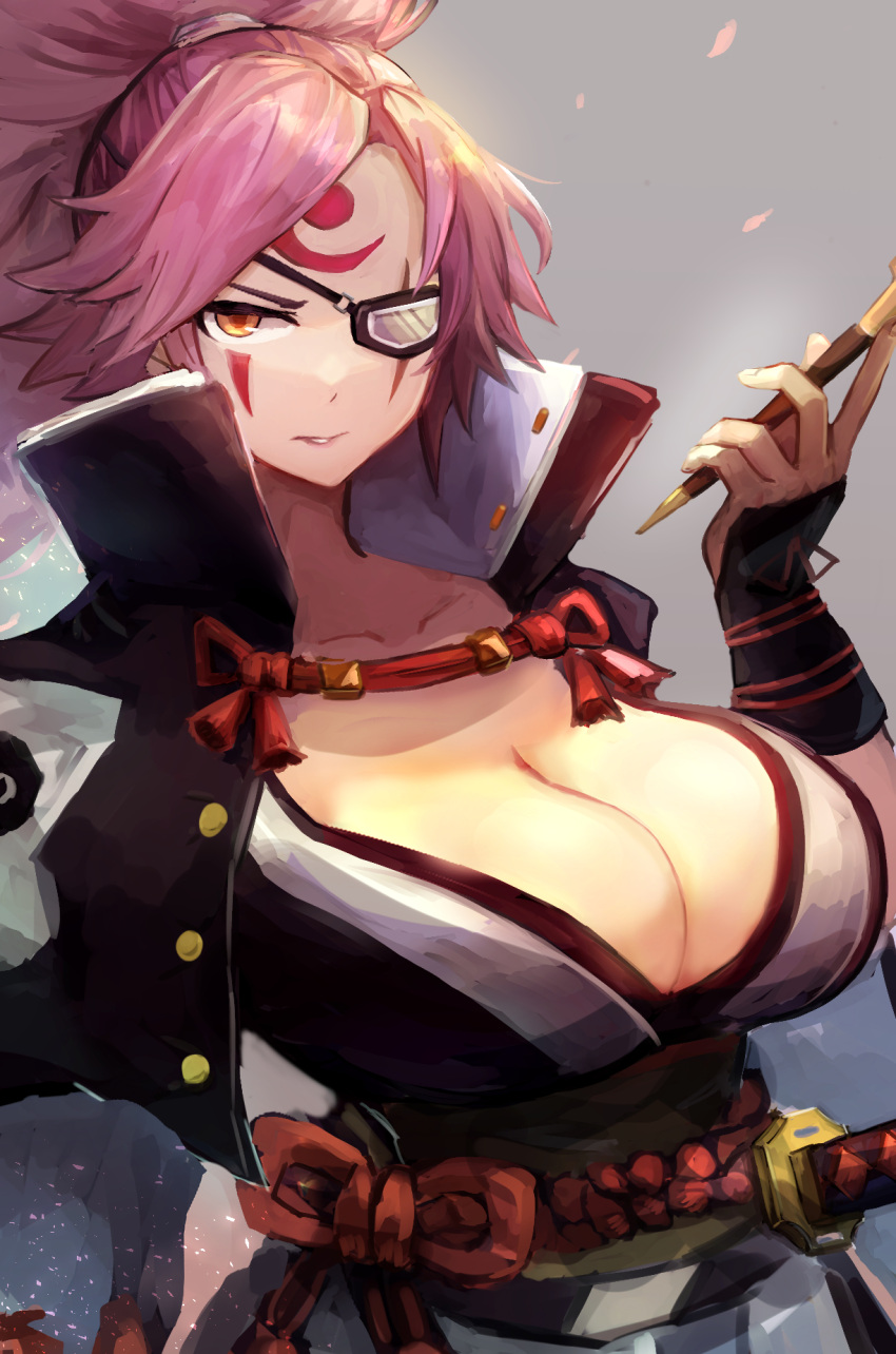 1girl amputee baiken big_hair black_jacket black_kimono breasts cleavage eyepatch facial_tattoo guilty_gear hatano_kiyoshi highres jacket jacket_on_shoulders japanese_clothes katana kimono large_breasts multicolored_clothes multicolored_kimono one-eyed open_clothes open_kimono pink_hair pipe ponytail samurai sash scar scar_across_eye scar_on_face sword tattoo torn_sleeve weapon white_kimono yellow_eyes