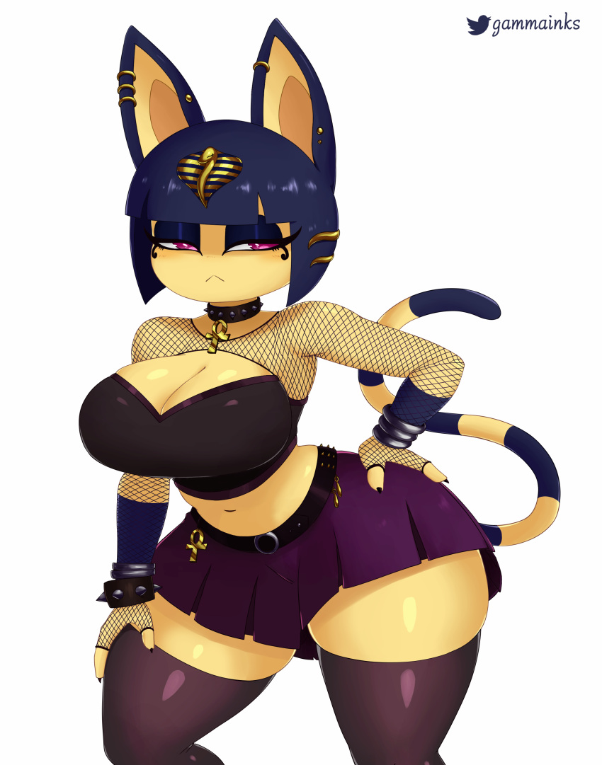 absurd_res animal_crossing ankha_(animal_crossing) anthro big_breasts bottomwear breasts cleavage clothed clothing domestic_cat felid feline felis female gammainks goth hi_res legwear mammal miniskirt nintendo simple_background skirt solo thigh_highs video_games white_background