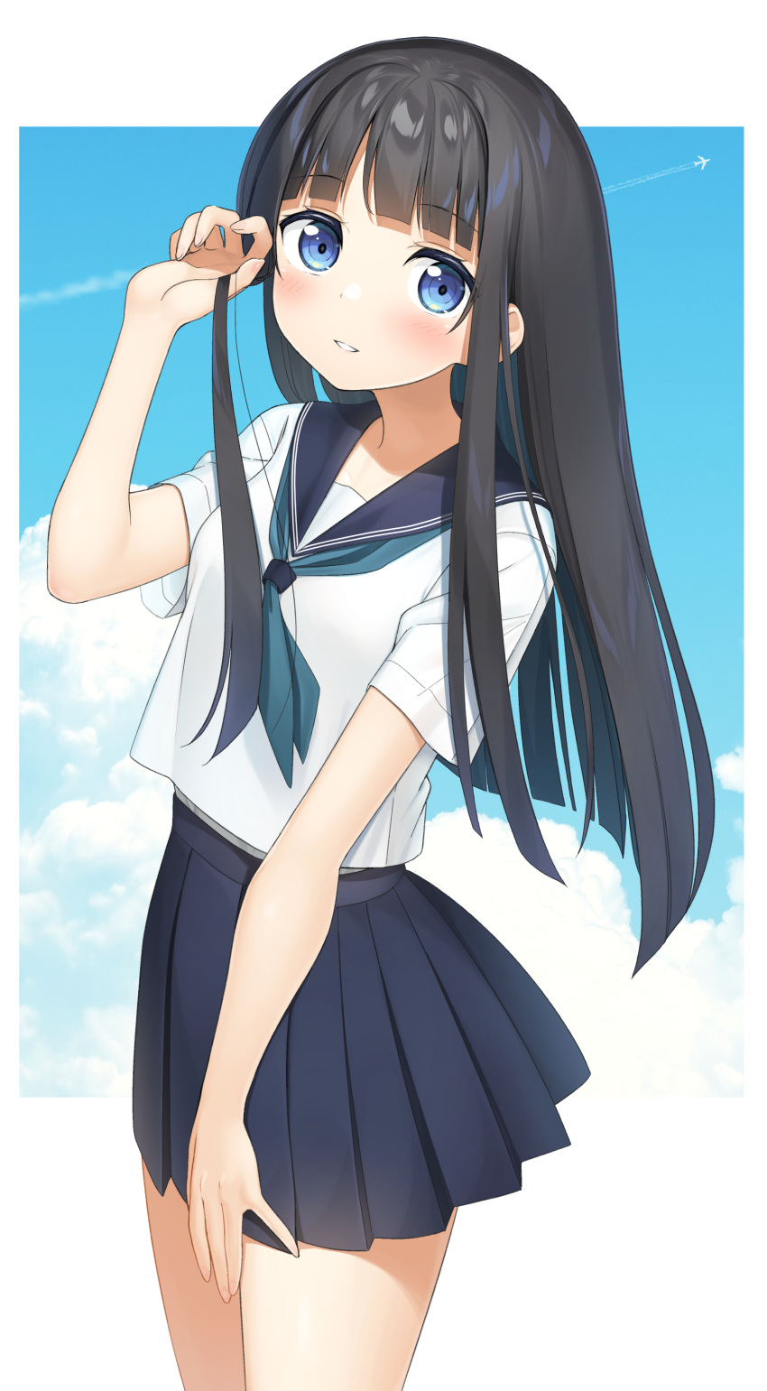 1girl absurdres aircraft airplane apollo_(hu_maple) bangs black_hair black_sailor_collar black_skirt blue_eyes blue_neckwear blue_sky blunt_bangs blush breasts cloud commentary_request commission contrail day hand_up highres long_hair looking_at_viewer neckerchief original parted_lips pleated_skirt sailor_collar school_uniform serafuku short_sleeves skeb_commission skirt sky small_breasts smile solo very_long_hair