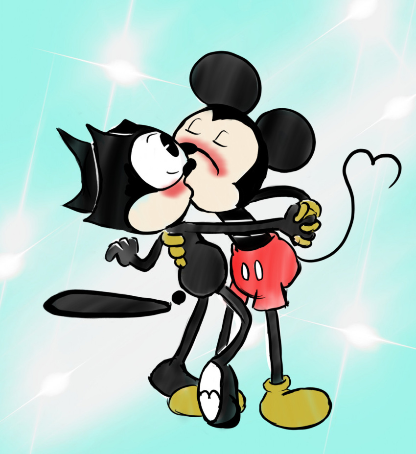 crack_ship crossover disney disney's_house_of_mouse domestic_cat felid feline felis felix_the_cat felix_the_cat_(series) hi_res kiss_on_lips kissing lgbt_pride male male/male mammal mickey_mouse mouse murid murine rodent selbarm ship toony vehicle watercraft