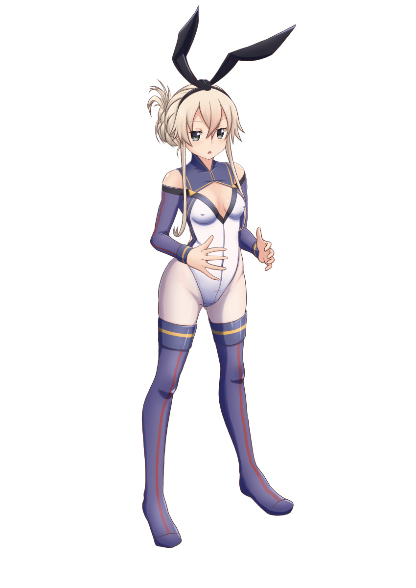 1girl absurdres alternate_costume alternate_hairstyle black_hairband blonde_hair blue_legwear breasts cleavage covered_nipples folded_ponytail grey_eyes hairband highres kantai_collection leotard long_hair moke_ro pantyhose rx-78-2 shimakaze_(kancolle) simple_background small_breasts standing thighhighs white_background white_legwear white_leotard