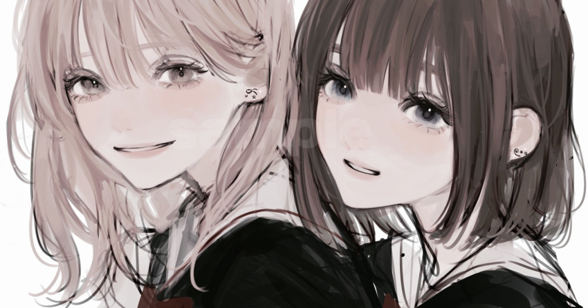 2girls black_eyes black_serafuku brown_eyes brown_hair burnt_hair earrings eyelashes glint hair_between_eyes highres jewelry light_brown_eyes light_brown_hair long_eyelashes long_hair multiple_girls noroma02 original parted_lips sample school_uniform serafuku simple_background sketch smile star_(symbol) star_earrings unfinished uniform upper_body watermark white_background