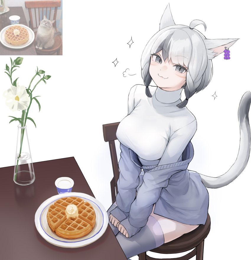 1girl :3 absurdres ahoge animal_ears avatar_(ffxiv) bangs braid breasts cat cat_ears cat_tail chair earrings eyebrows_visible_through_hair facial_mark fang final_fantasy final_fantasy_xiv flower food grey_eyes grey_hair highres jewelry looking_at_viewer medium_breasts mihato_senba miqo'te multicolored_hair off_shoulder photo-referenced reference_inset short_hair sitting skin_fang slit_pupils solo table tail thighhighs turtleneck twin_braids two-tone_hair vase waffle whisker_markings white_background