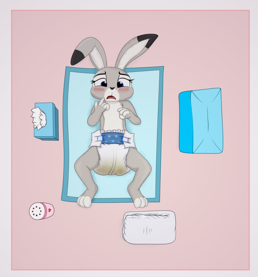 3_toes 4_fingers anthro baby black_body black_fur black_nose blue_eyes blush bodily_fluids clothed clothing diaper diaper_only dipstick_ears disney embarrassed feces feet female fingers flat_chested fur grey_body grey_fur hi_res hodgepodgedl infantilism judy_hopps lagomorph leporid long_ears lying mammal messy_diaper multicolored_body multicolored_ears multicolored_fur on_back rabbit soiling solo tears tissue_box toes topless white_body white_fur young zootopia