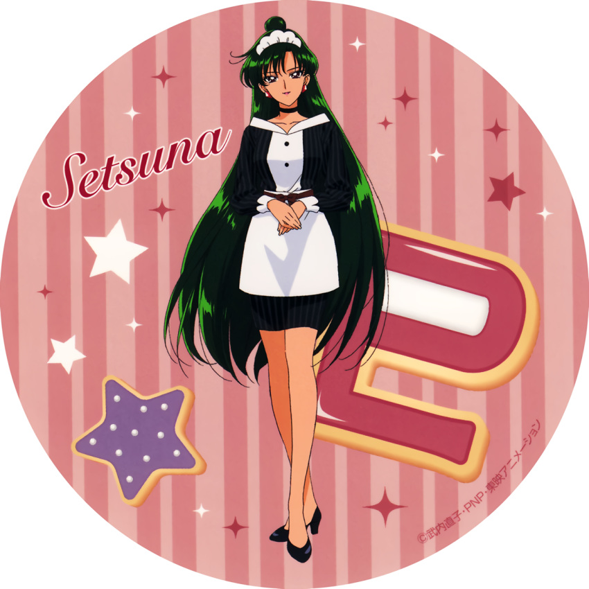 1990s_(style) 1girl bishoujo_senshi_sailor_moon black_footwear black_neckwear character_name choker dress earrings full_body green_hair hair_bun headdress high_heels highres jewelry long_hair long_sleeves looking_at_viewer meiou_setsuna official_art own_hands_together pencil_skirt pluto_symbol retro_artstyle sailor_pluto short_dress skirt smile solo standing star_(symbol) very_long_hair