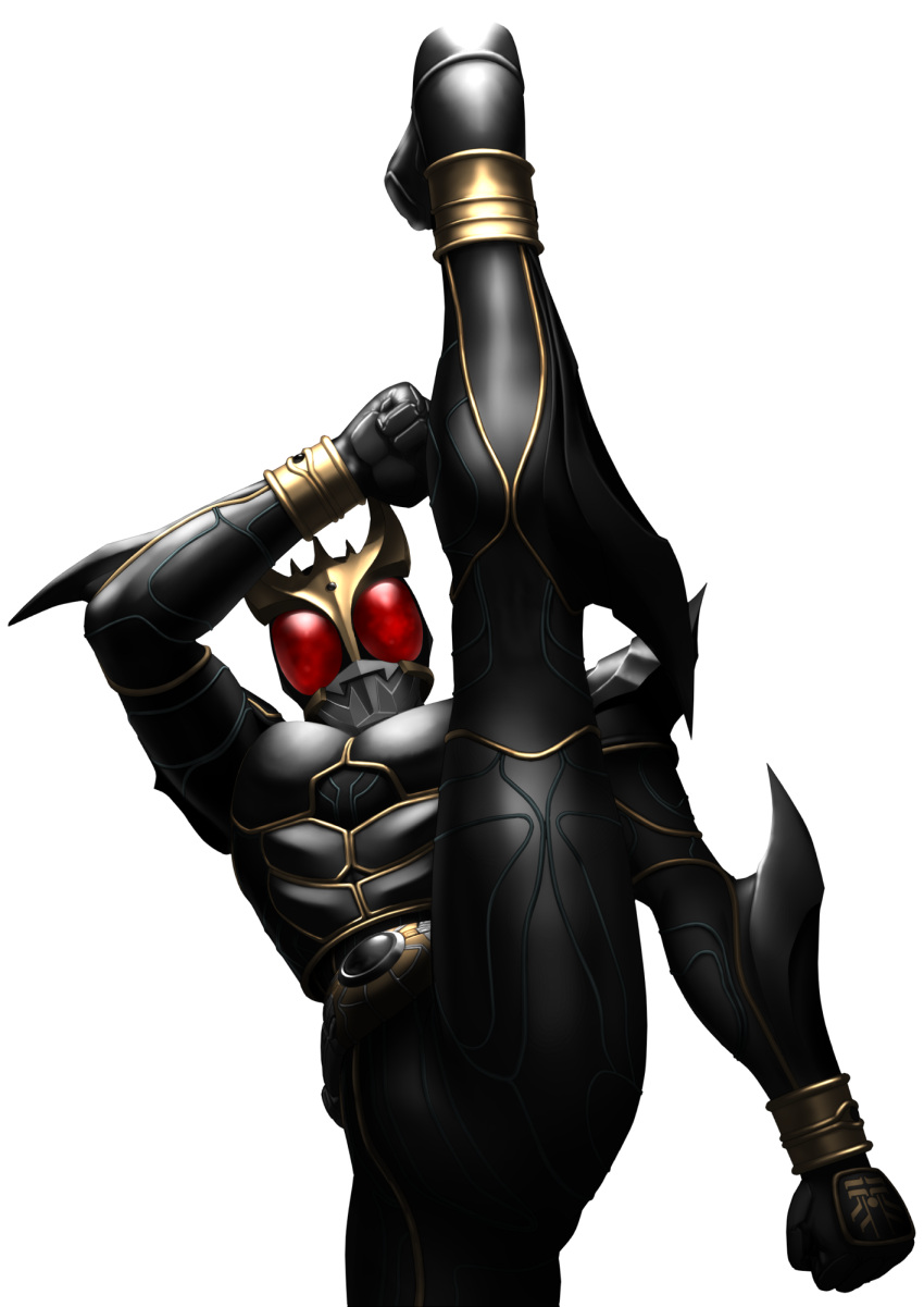 1boy alternate_form armor axe_kick black_armor black_footwear boots clenched_hands compound_eyes driver glowing glowing_eyes highres kamen_rider kamen_rider_kuuga kamen_rider_kuuga_(series) kamen_rider_kuuga_(ultimate_form) kicking male_focus red_eyes rider_belt shoulder_armor spiked_gauntlets taikyokuturugi tokusatsu white_background