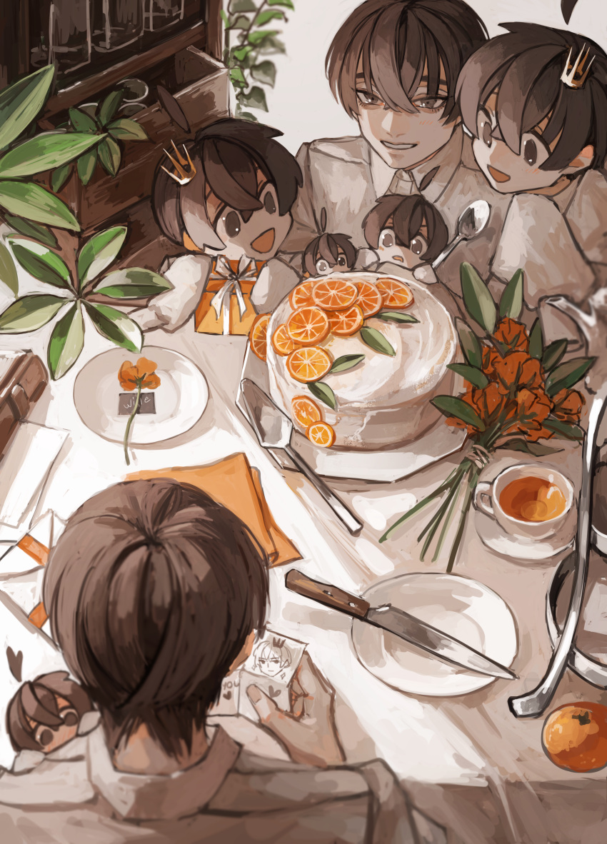 6+boys absurdres ahoge bangs birthday bouquet brown_eyes brown_hair cake cake_slicer collared_shirt commentary crown cup cupboard drawing facing_viewer fatalbug896 flower food from_above from_behind fruit gift highres holding holding_gift holding_spoon indoors knife leaf long_sleeves looking_at_another male_focus mini_crown miniboy multiple_boys multiple_persona orange_(fruit) orange_flower orange_slice original plant shirt short_hair sleeves_past_fingers sleeves_past_wrists smile spoon table tea teacup white_shirt