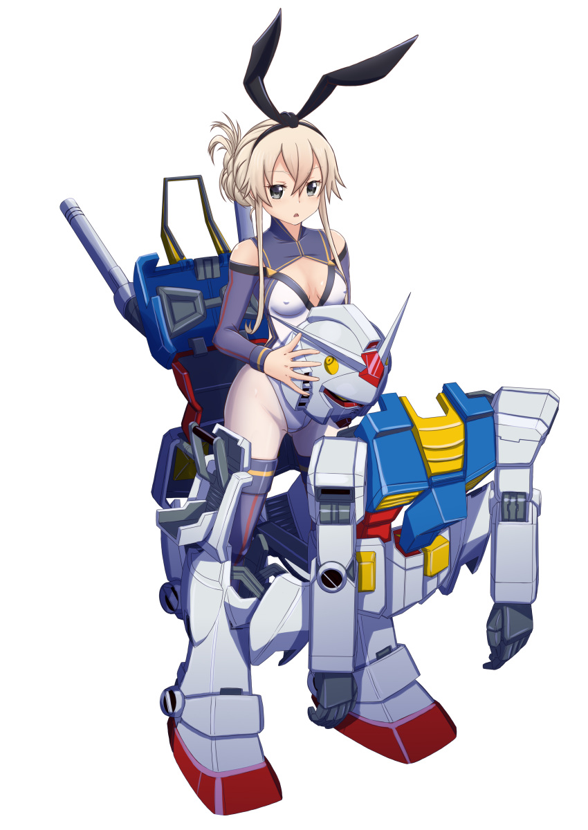 1girl absurdres alternate_costume alternate_hairstyle black_hairband blonde_hair breasts commentary_request covered_nipples folded_ponytail full_body gantz_advanced_suit grey_eyes gundam hairband helmet highres holding holding_helmet kantai_collection leotard long_hair mecha mobile_suit_gundam moke_ro robot_costume rx-78-2 shimakaze_(kancolle) simple_background small_breasts solo thighhighs white_background white_legwear white_leotard