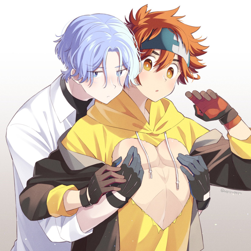 2boys blue_eyes blue_hair hair_between_eyes hasegawa_langa headband highres hood hoodie jacket kyan_reki looking_at_viewer male_focus multiple_boys muscular nipple_piercing piercing red_hair shirt short_hair sk8_the_infinity upper_body uppi yaoi