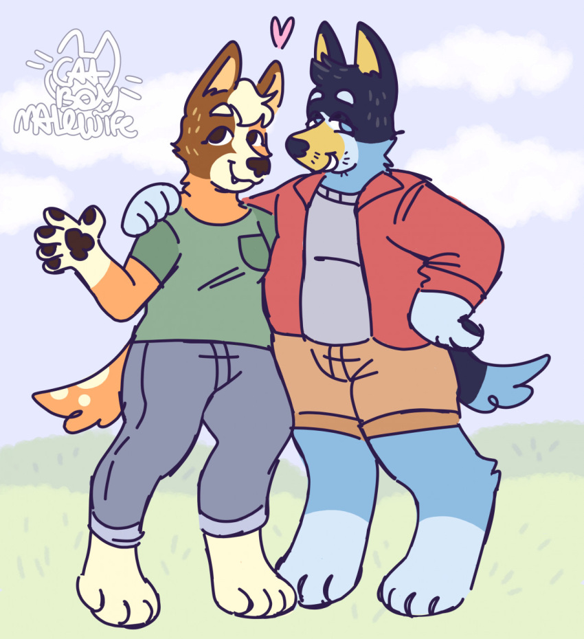 &lt;3 2021 anthro artist_name australian_cattle_dog bandit_heeler bluey_(series) bottomwear canid canine canis cattledog chilli_heeler clothing cloud coat denim denim_clothing digital_media_(artwork) dipstick_limbs dipstick_tail domestic_dog duo female fur gesture grass hand_on_hip hand_on_shoulder happy herding_dog hi_res hill jeans khaki_shorts male mammal markings multicolored_body multicolored_fur pants parent pastoral_dog paws pivoted_ears plant portrait romantic romantic_couple shirt shorts signature smile standing tail_markings tail_tuft topwear tuft unknown_artist waving