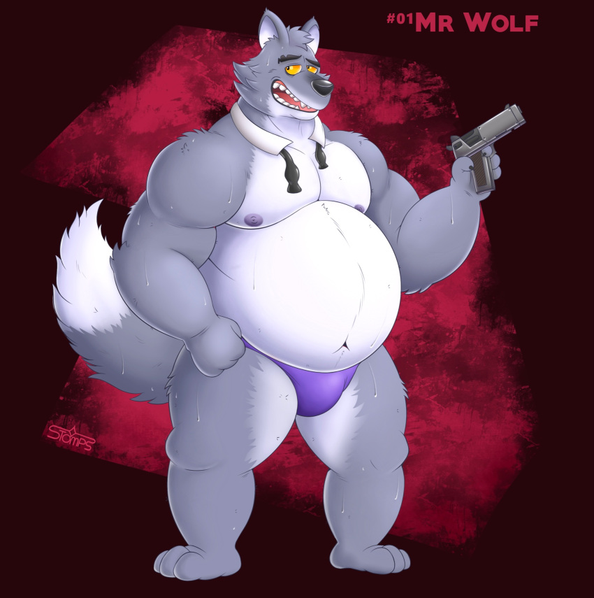 2021 anthro belly black_nose canid canine canis clothing dreamworks fur grey_body grey_fur hi_res humanoid_hands male mammal moobs mr._wolf_(the_bad_guys) nipples overweight overweight_male solo stompsthecroc the_bad_guys underwear weapon white_body white_fur wolf