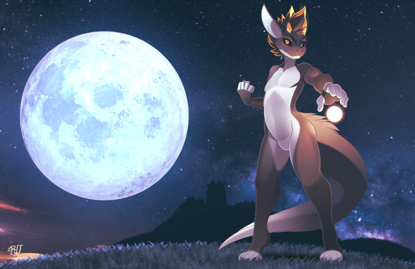 2021 anthro detailed_background digital_media_(artwork) dragon featureless_crotch fur furred_dragon grass hi_res looking_at_viewer male moon night outside plant rudragon sky solo standing star starry_sky wingless_dragon
