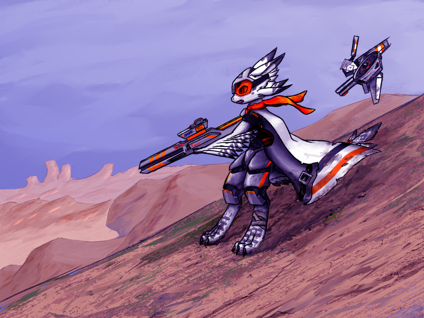 2021 absurd_res ambiguous_gender armor avali avian cloak clothed clothing digital_drawing_(artwork) digital_media_(artwork) dirty drone_(vehicle) duo eikla feathers feral feral_armor furgonomics gun headgear hi_res holding_object holding_weapon outside railgun raku_naga ranged_weapon sliding weapon