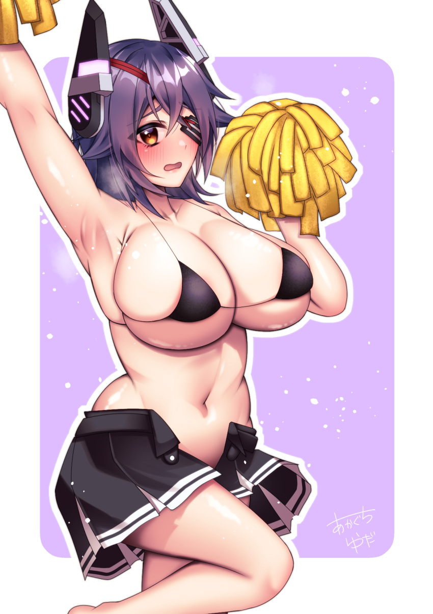 1girl arm_up bikini blush breasts cheerleader commentary eyebrows eyepatch headgear highres kantai_collection large_breasts looking_at_viewer messy_hair micro_bikini open_mouth pom_pom_(cheerleading) purple_hair short_hair skirt solo steam swimsuit tenryuu_(kancolle) thick_thighs thighs unbuttoned_skirt wavy_mouth yellow_eyes yuudadou