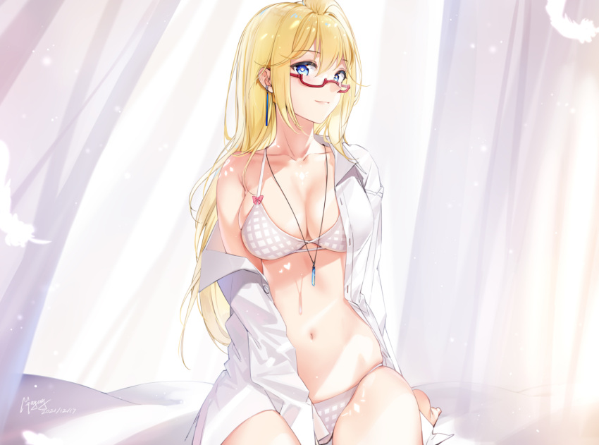 1girl azur_lane bangs blonde_hair blue_eyes bra breasts cleavage closed_mouth collarbone collared_shirt commentary_request curtains dated dress_shirt eyebrows_visible_through_hair glasses hair_between_eyes highres jeanne_d'arc_(azur_lane) long_hair long_sleeves looking_at_viewer maya_g medium_breasts navel off_shoulder open_clothes open_shirt panties plaid plaid_bra plaid_panties red-framed_eyewear semi-rimless_eyewear shirt signature sitting skindentation smile solo under-rim_eyewear underwear very_long_hair white_shirt