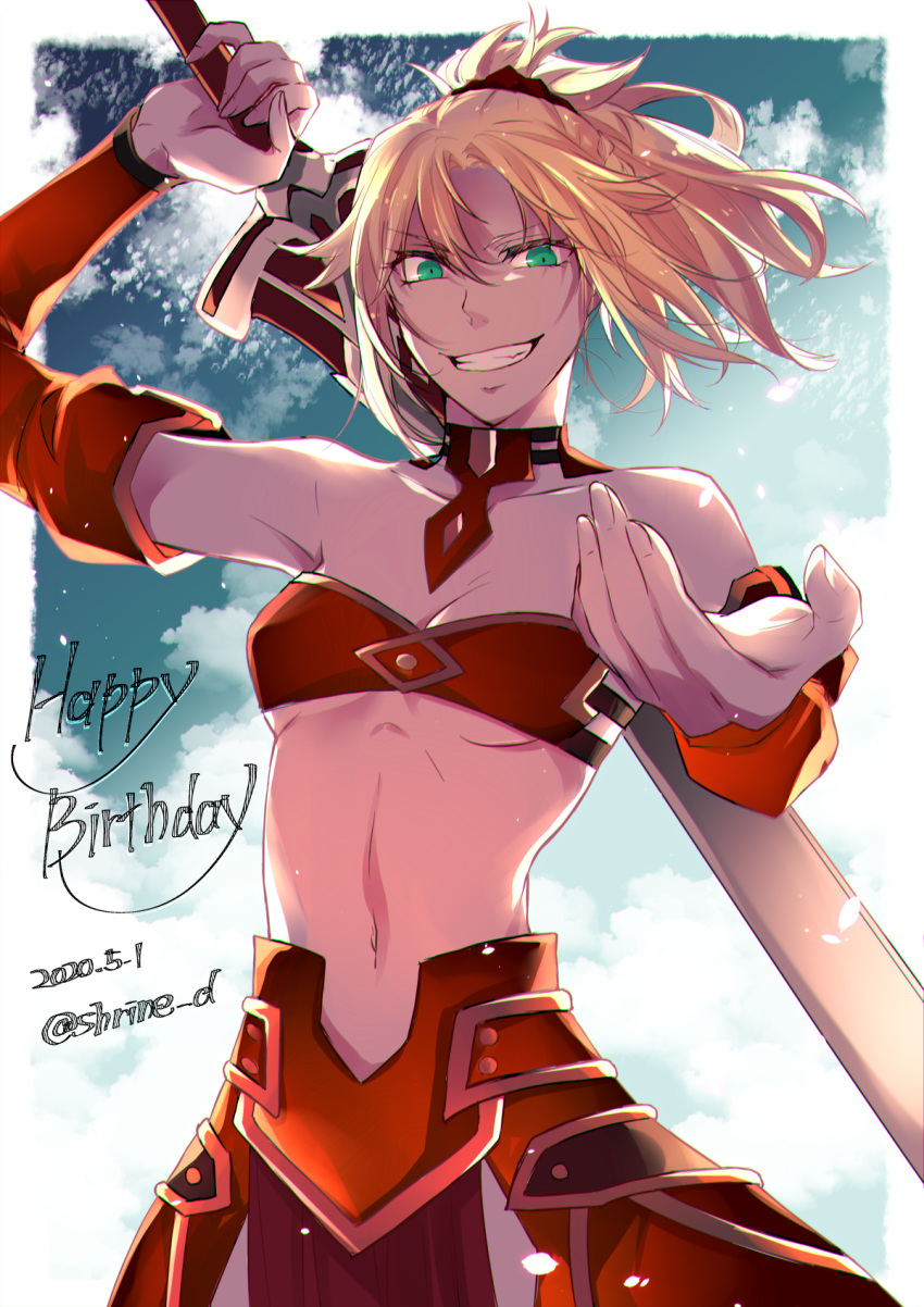 1girl armor armored_dress bandeau bare_shoulders blonde_hair blue_sky border braid breasts clarent_(fate) cloud dated detached_collar detached_sleeves fate/grand_order fate_(series) fingernails french_braid green_eyes hair_between_eyes happy_birthday highres long_fingernails mordred_(fate) navel outside_border over_shoulder red_scrunchie scrunchie shirin_(tsukimiyagura) short_hair sky small_breasts smile solo sword sword_over_shoulder twitter_username weapon weapon_over_shoulder white_border
