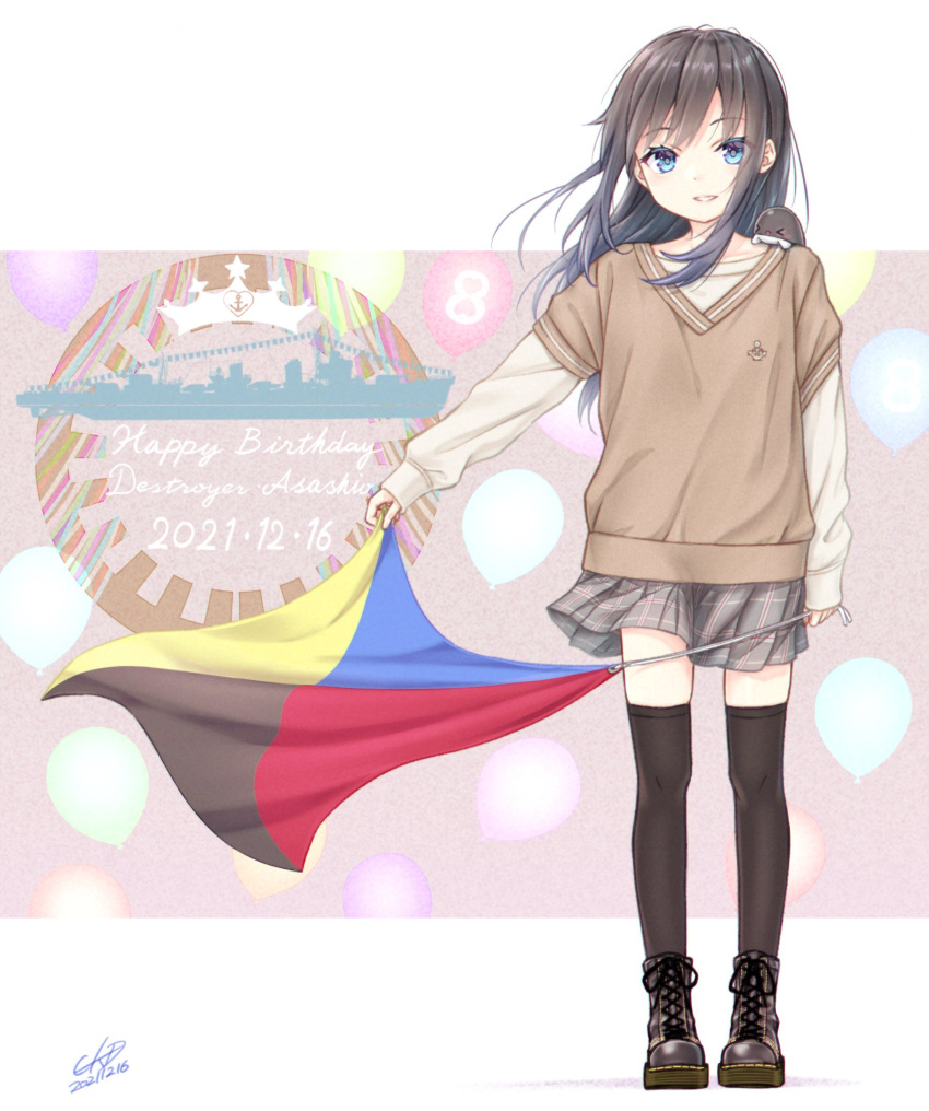 1girl 1other abyssal_ship alternate_costume asashio_(kancolle) black_footwear black_hair black_legwear blue_eyes blush boots cross-laced_footwear dated eyebrows_visible_through_hair gotou_hisashi grey_skirt happy_birthday highres i-class_destroyer kantai_collection kuchiku_i-kyuu lace-up_boots layered_sleeves long_hair long_sleeves open_mouth pleated_skirt shirt short_over_long_sleeves short_sleeves skirt smile thighhighs white_shirt