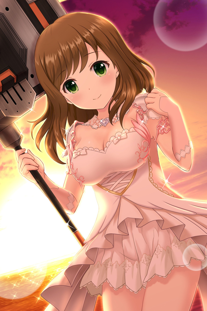 1girl absurdres alternative_girls breasts brown_hair choker cleavage closed_mouth dress eyebrows_visible_through_hair green_eyes hand_on_own_shoulder heart heart_choker highres hirose_koharu holding holding_weapon long_hair looking_at_viewer ocean official_art smile solo sunlight sunset weapon white_dress
