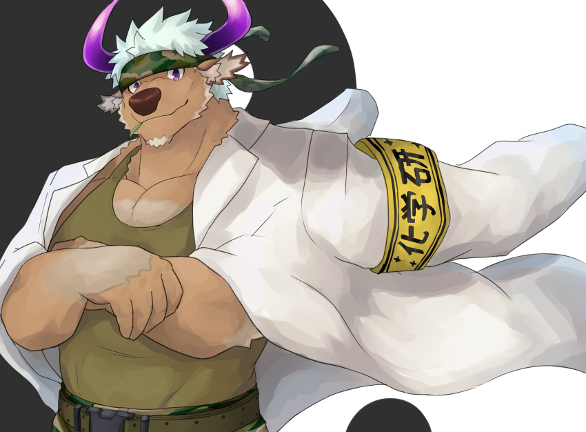 1boy absurdres animal_ears armband bara belt brown_fur camouflage camouflage_headwear camouflage_pants chest_hair coat coat_on_shoulders cow_ears cow_horns doctor facial_hair furry furry_male goatee green_tank_top headband highres horns huying_you labcoat large_pectorals male_focus minotaur mint muscular muscular_male pants pectoral_cleavage pectorals purple_eyes purple_horns shennong_(housamo) short_hair solo tank_top tokyo_afterschool_summoners white_hair yin_yang