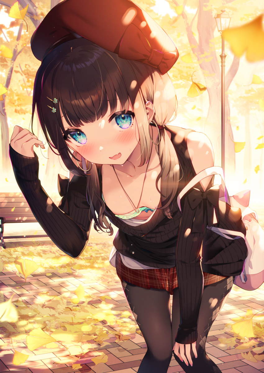 1girl :d aqua_bra argyle argyle_legwear backpack bag bangs bare_shoulders bench beret black_sweater blue_eyes blush bow bra bra_peek brown_hair clothing_cutout collarbone day downblouse eyebrows_visible_through_hair falling_leaves fang feet_out_of_frame ginkgo_leaf hat hat_bow highres jewelry kat_(bu-kunn) lamppost leaf leaning_forward long_hair long_sleeves looking_at_viewer low_twintails miniskirt necklace open_clothes original outdoors park park_bench plaid plaid_skirt pleated_skirt red_bow red_headwear red_skirt shoulder_cutout skin_fang skirt smile solo standing sweater thigh_gap twintails underwear