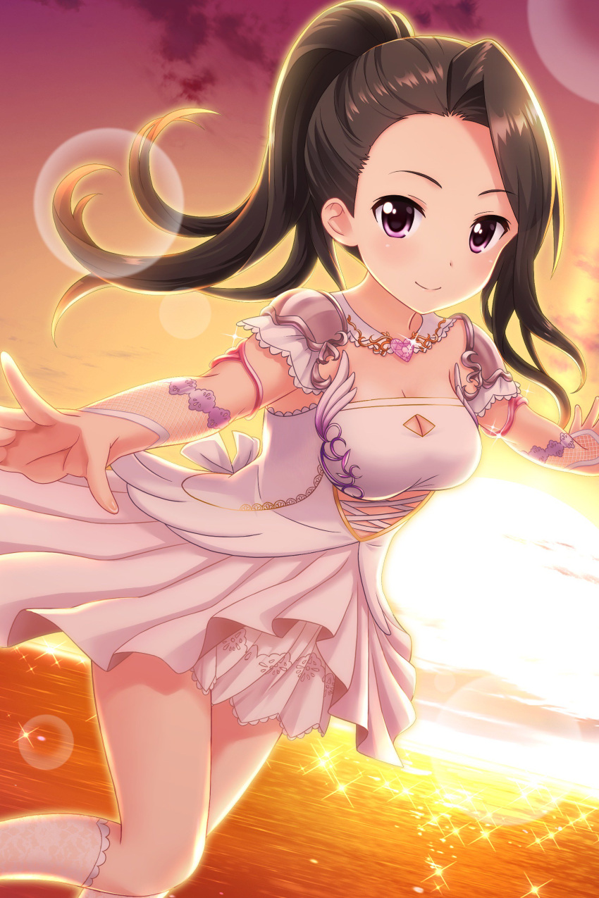 1girl absurdres alternative_girls armor closed_mouth dress eyebrows_visible_through_hair heart highres jewelry looking_at_viewer ocean official_art open_hand pauldrons ponytail purple_eyes saionji_rei shoulder_armor smile solo sun sunlight sunset white_dress