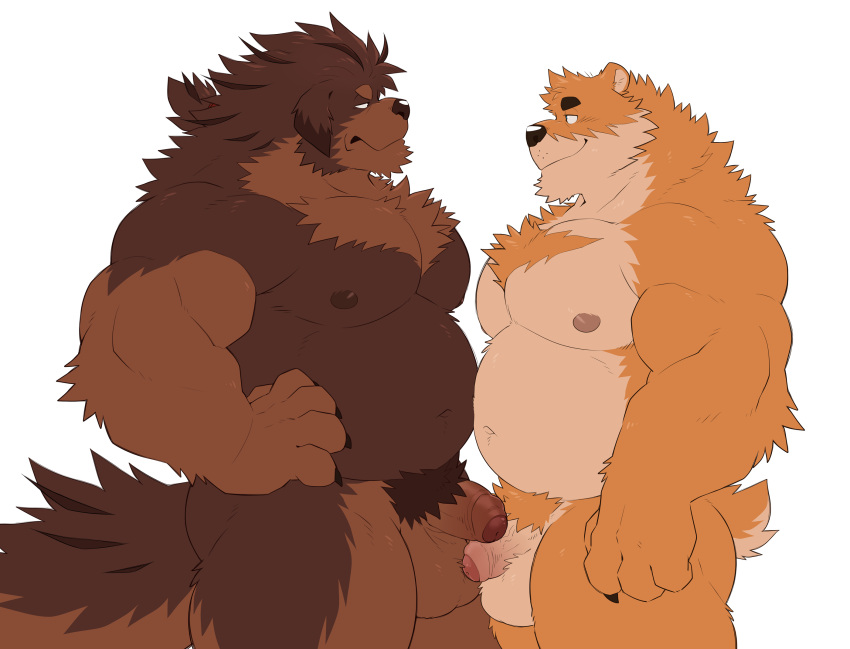 2021 anthro belly black_nose brown_body brown_fur canid canine canis domestic_dog duo flaccid fur genitals hi_res humanoid_genitalia humanoid_hands humanoid_penis kemono male male/male mammal moobs nipples overweight overweight_male penis simple_background takemoto_arashi white_background