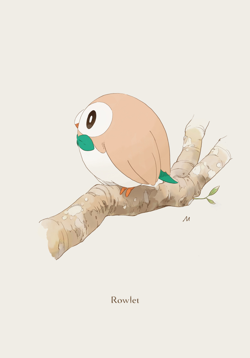 absurdres beak branch brown_eyes character_name closed_mouth commentary_request grey_background highres leaf mokuzou_(moku_ssbu) no_humans pokemon pokemon_(creature) rowlet solo standing