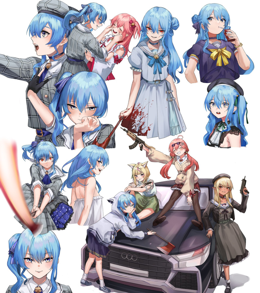 4girls alternate_costume animal_ears animal_hood ascot audi axe bangs bare_legs bell belt belt_buckle beret black_belt black_choker black_dress black_footwear black_gloves black_headwear black_legwear blonde_hair blood_on_axe blue_ascot blue_belt blue_bow blue_bowtie blue_choker blue_eyes blue_hair blue_jacket blue_ribbon blue_shirt blush boots bow bow_earrings bow_skirt bowtie breasts brown_jacket buckle buttons car cardigan cherry_blossoms choker closed_mouth clothing_cutout collared_dress collared_shirt colored_inner_hair cross-laced_footwear cup dark-skinned_female dark_skin double-breasted dress earrings elf eredhen eyebrows_visible_through_hair eyes_visible_through_hair fennec_fox flower fox_ears fox_girl fox_tail from_side garter_straps gloves green_dress green_eyes green_ribbon grey_footwear grey_headwear grey_jacket grey_skirt ground_vehicle gun hair_bell hair_between_eyes hair_flower hair_ornament hair_ribbon hat heart heart-shaped_pupils highres holding holding_axe holding_gun holding_weapon hololive hood hood_up hoshimachi_suisei jacket japanese_clothes jewelry jingle_bell kimono kneehighs lace lace_choker lace_sleeves long_hair long_sleeves looking_at_viewer medium_hair miniskirt motor_vehicle multicolored_hair multiple_girls neck_bell neck_ribbon no_hat no_headwear nontraditional_miko obi off_shoulder official_alternate_costume omaru_polka one_side_up open_clothes open_jacket pantyhose partially_fingerless_gloves peaked_cap pendant pink_hair plaid plaid_dress plaid_headwear plaid_jacket plaid_skirt pleated_skirt pointy_ears purple_eyes rain red_skirt ribbon rifle sailor_collar sailor_dress sakura_miko sash school_uniform semi-rimless_eyewear serafuku shiranui_flare shirt short_dress short_hair short_sleeves shoulder_cutout side_ponytail sidelocks signature single_kneehigh single_thighhigh sitting_on_vehicle skirt skirt_set sleeveless smile socks star_(symbol) star_bracelet star_choker star_earrings star_in_eye streaked_hair stuffed_animal stuffed_cat stuffed_toy sunglasses symbol-shaped_pupils symbol_in_eye tail thigh_strap thighhighs tilted_headwear twintails umbrella upper_body virtual_youtuber weapon white_background white_dress white_jacket white_ribbon white_sailor_collar white_shirt white_skirt x_hair_ornament